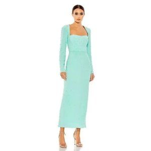 Mac Duggal 55792 Mint Green Allover Rhinestone Long Sleeve Midi Dress Size 14